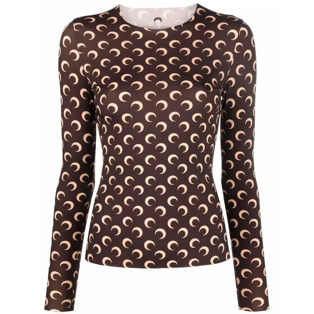 Brown and gold moon print long sleeve top with round neckline and slim fit
